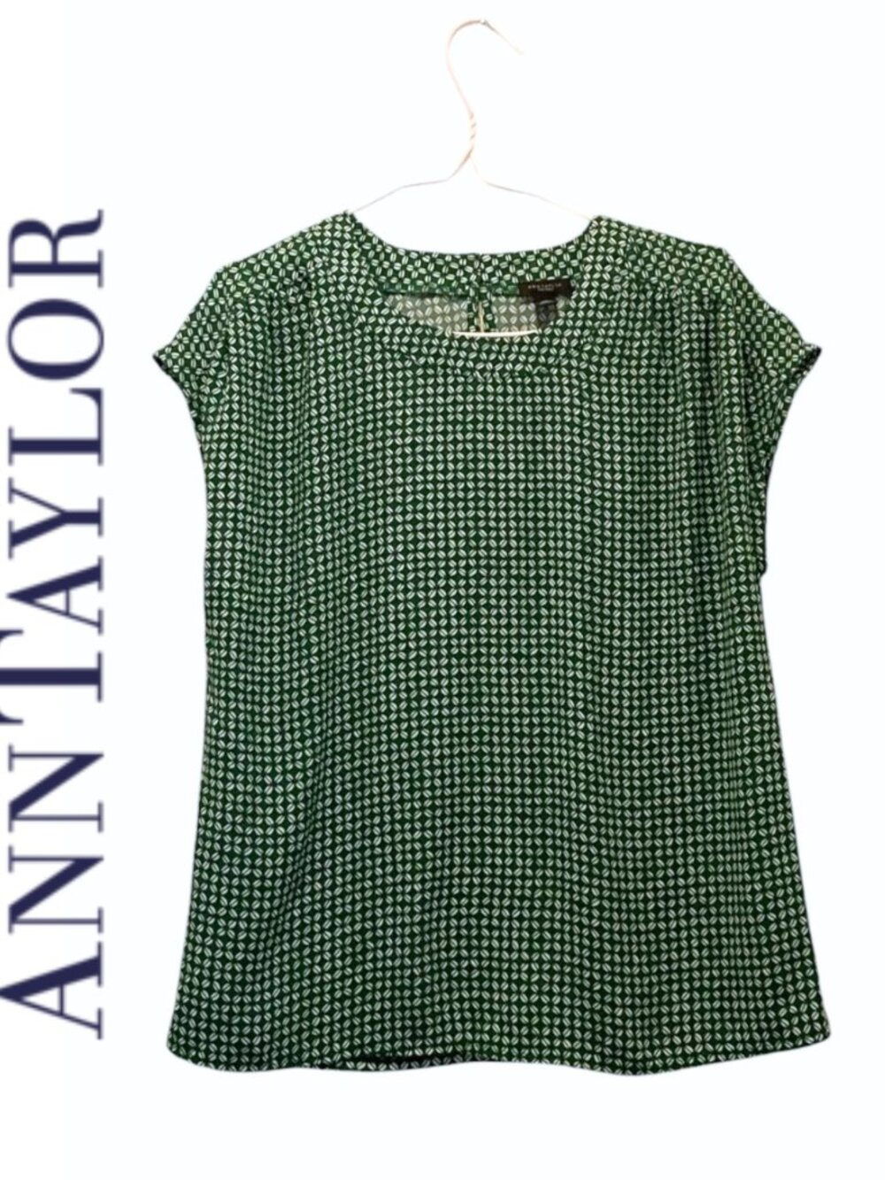 Ann Taylor Green Geometric Print Cap Keyhole Back Sleeve Blouse Top SZ